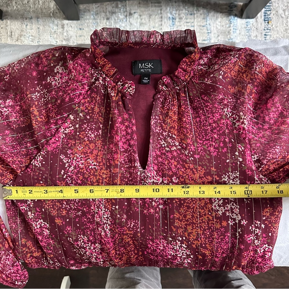 MSK Petite Floral Tiered Chiffon Dress PM Burgundy Romantic Boho Mini - Picture 10 of 13